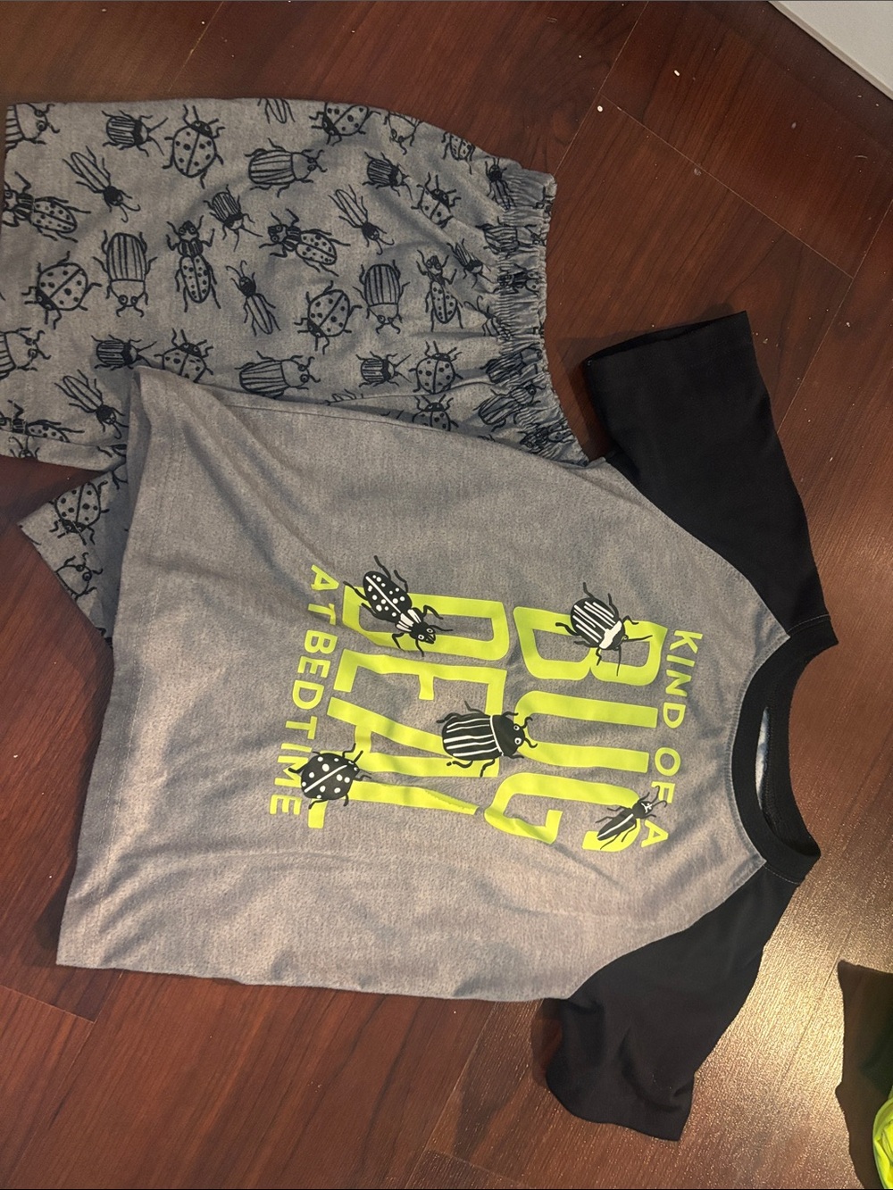 Kids Grey & Black 'Bug Beat' Short Sleeve Top and Shorts Pajama Set
